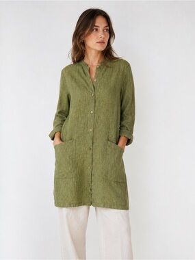 Eileen Fisher Washed Organic Linen Delave Long Shirt, Easy Fit, Knee Length, XXS